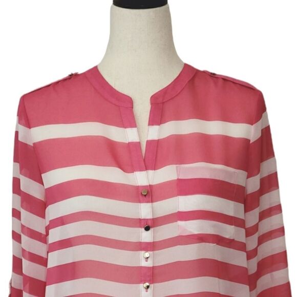 Apt. 9 Pink Striped 1/2 Button  Rolled Tab Sleeve Sheer Chiffon Blouse Size MP - Picture 4 of 8